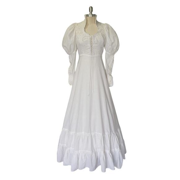 Gunne Sax Wedding Dress Size 11 M Corset White Puff Sleeves Vintage 70s - Picture 3 of 12